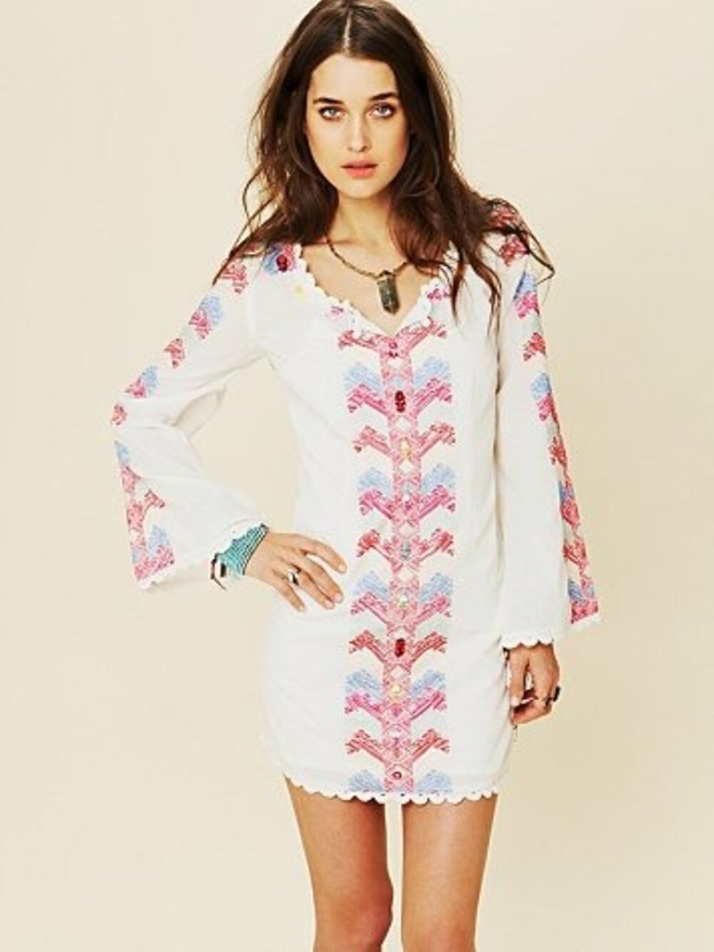 Free People White Embroidered Crochet Trim Bell Sleeve Mini Dress 4| Cottagecore - Picture 2 of 16